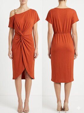 One-Shoulder Twist Front Midi Dress in Rust